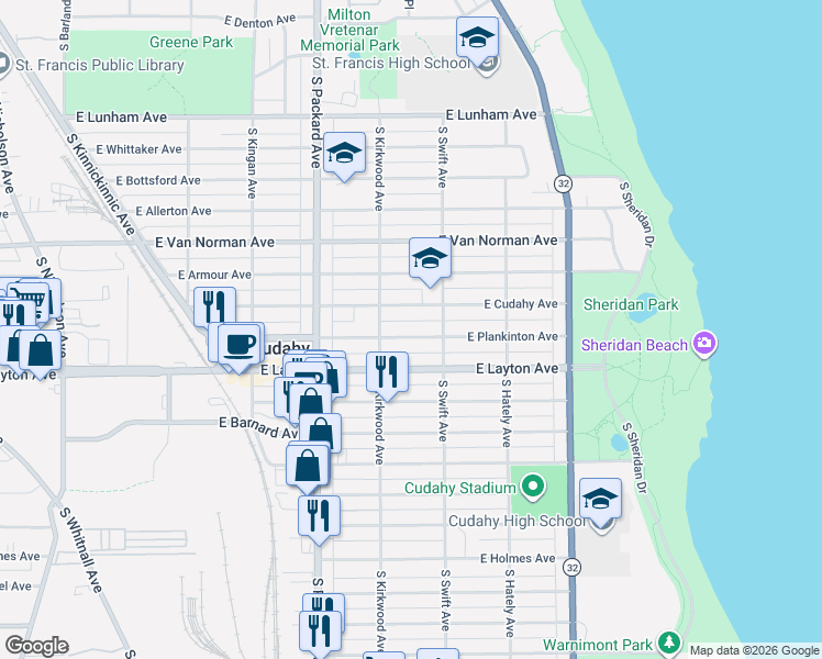 map of restaurants, bars, coffee shops, grocery stores, and more near 3735 East Plankinton Avenue in Cudahy