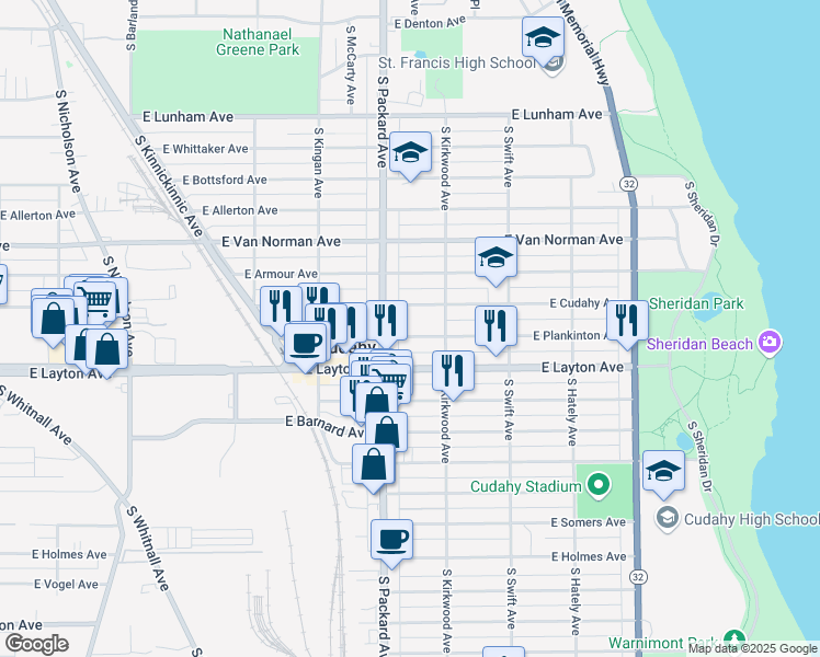 map of restaurants, bars, coffee shops, grocery stores, and more near 3613 East Plankinton Avenue in Cudahy