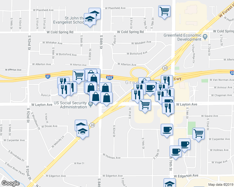 map of restaurants, bars, coffee shops, grocery stores, and more near 6300 West Layton Avenue in Greenfield