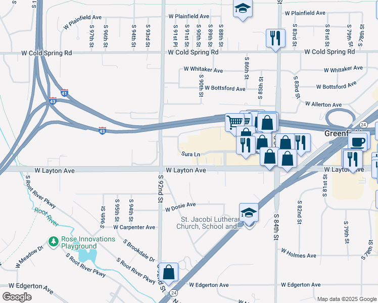 map of restaurants, bars, coffee shops, grocery stores, and more near 4648 South 90th Street in Greenfield