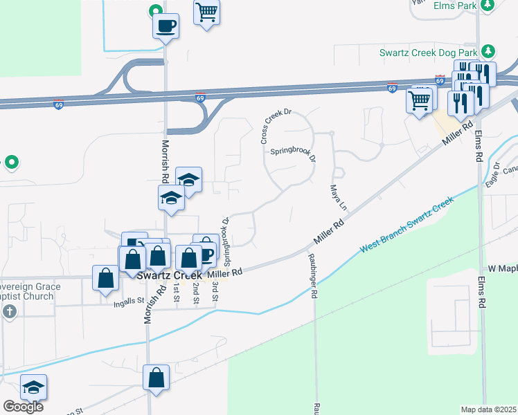 map of restaurants, bars, coffee shops, grocery stores, and more near Springbrook Drive in Swartz Creek
