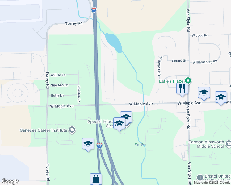 map of restaurants, bars, coffee shops, grocery stores, and more near 4497 Jena Lane in Flint