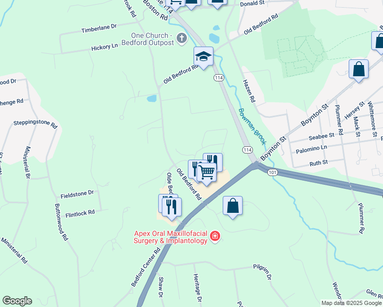 map of restaurants, bars, coffee shops, grocery stores, and more near 12 Cooper Lane in Bedford