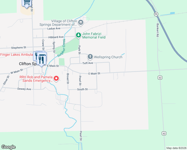 map of restaurants, bars, coffee shops, grocery stores, and more near 61 East Main Street in Clifton Springs