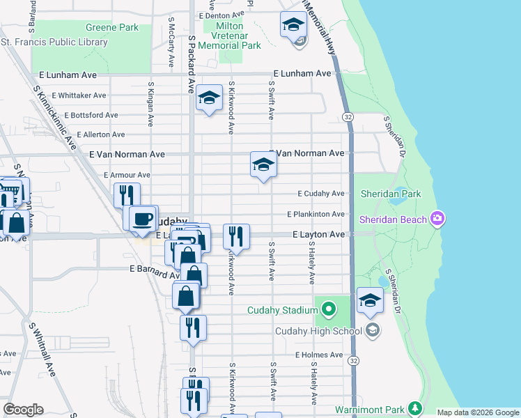 map of restaurants, bars, coffee shops, grocery stores, and more near 3758 East Plankinton Avenue in Cudahy