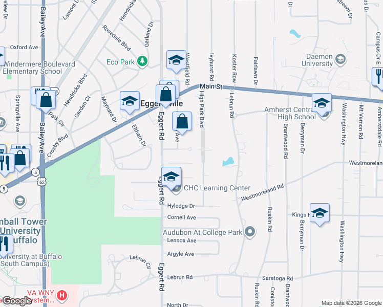 map of restaurants, bars, coffee shops, grocery stores, and more near 163 High Park Boulevard in Buffalo