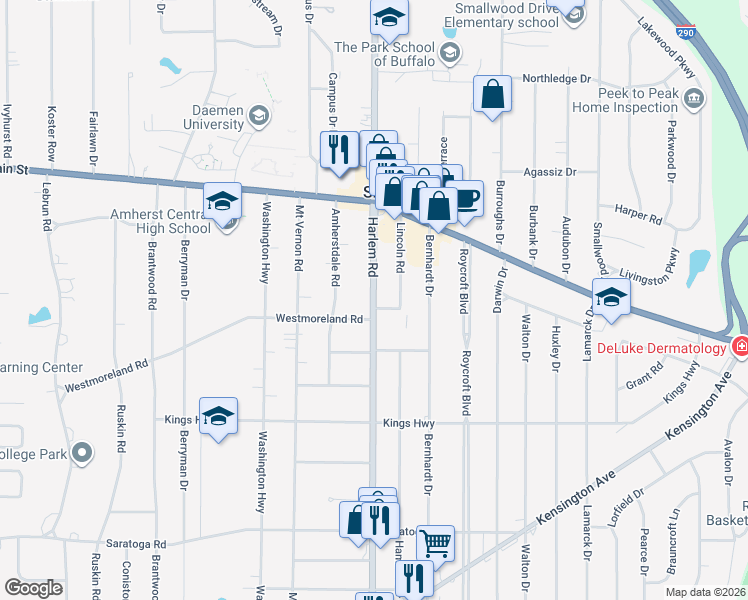 map of restaurants, bars, coffee shops, grocery stores, and more near 4265 Harlem Road in Buffalo