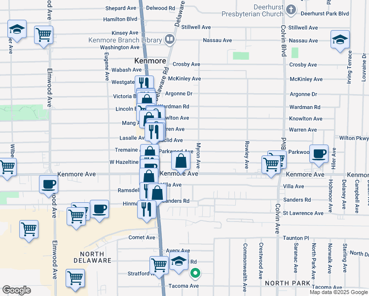 map of restaurants, bars, coffee shops, grocery stores, and more near 65 Parkwood Avenue in Kenmore