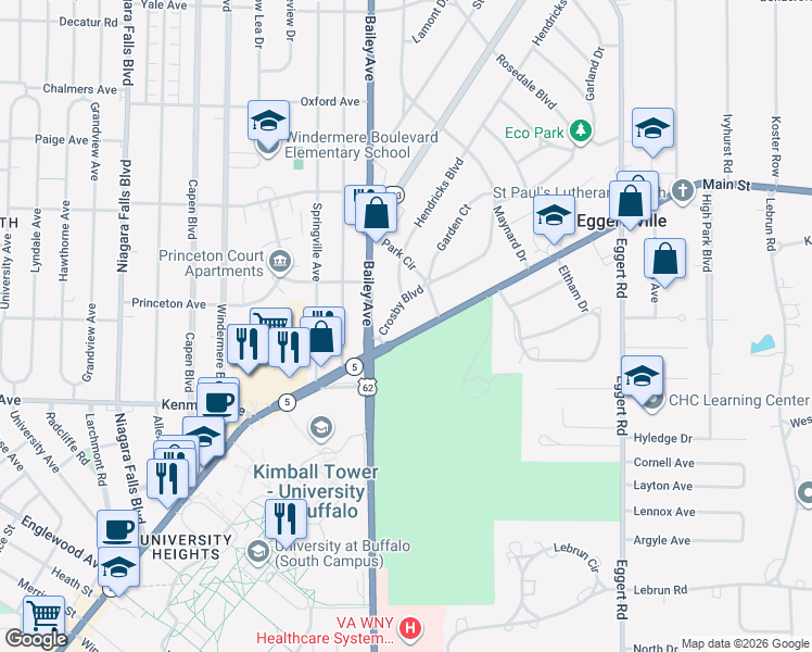 map of restaurants, bars, coffee shops, grocery stores, and more near 3690 Main Street in Buffalo