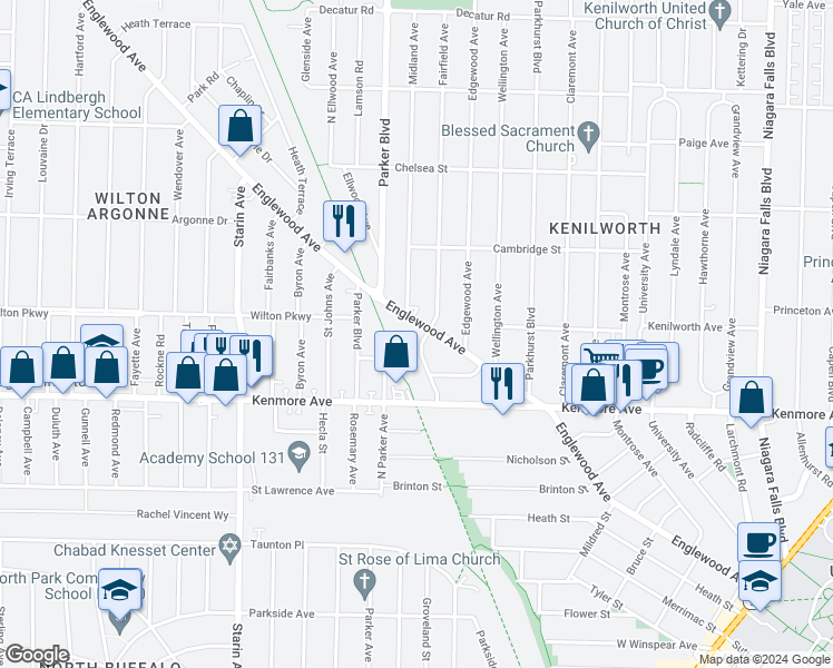 map of restaurants, bars, coffee shops, grocery stores, and more near 442 Englewood Avenue in Buffalo