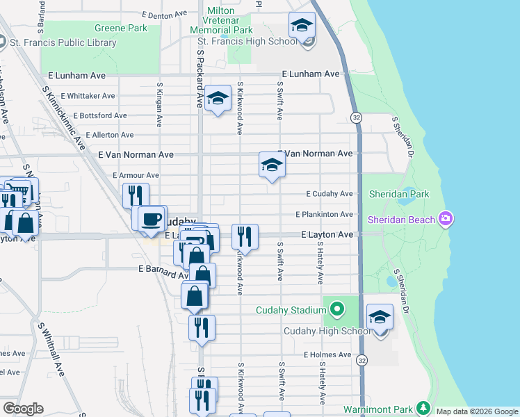 map of restaurants, bars, coffee shops, grocery stores, and more near 3735 East Plankinton Avenue in Cudahy