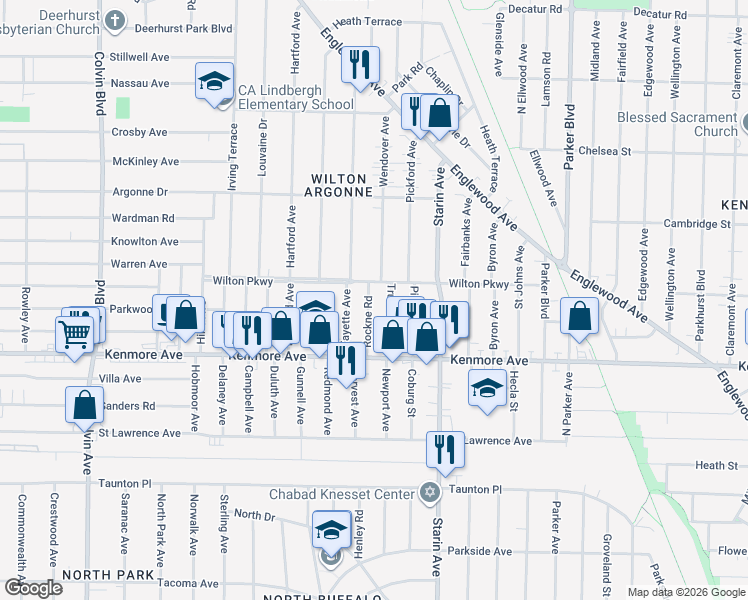 map of restaurants, bars, coffee shops, grocery stores, and more near 54 Truesdale Road in Buffalo