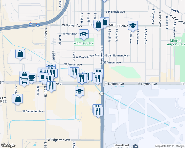 map of restaurants, bars, coffee shops, grocery stores, and more near 4601 South 1st Street in Milwaukee