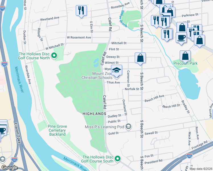 map of restaurants, bars, coffee shops, grocery stores, and more near 525 Calef Road in Manchester