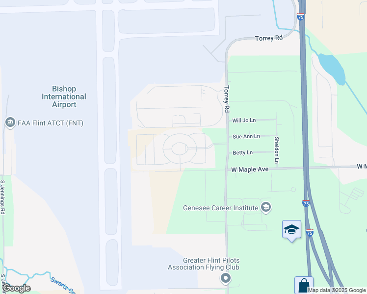 map of restaurants, bars, coffee shops, grocery stores, and more near 3096 Camelot Drive in Flint