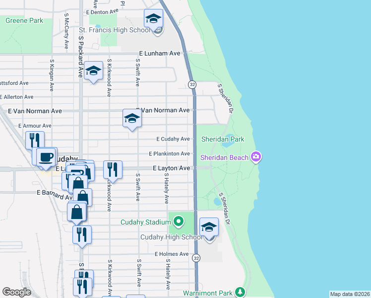 map of restaurants, bars, coffee shops, grocery stores, and more near 3958 East Plankinton Avenue in Cudahy