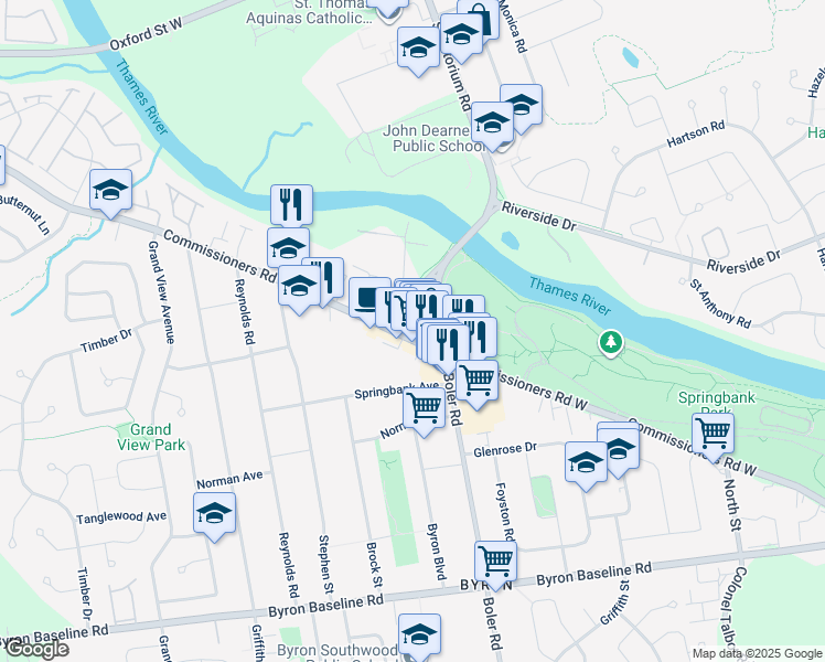 map of restaurants, bars, coffee shops, grocery stores, and more near 1291 Commissioners Road West in London