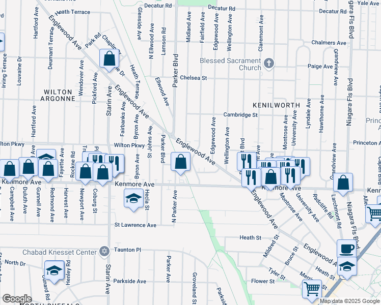 map of restaurants, bars, coffee shops, grocery stores, and more near 60 Fairfield Avenue in Buffalo