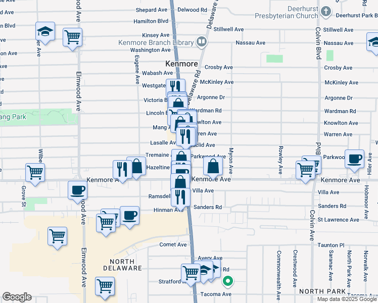 map of restaurants, bars, coffee shops, grocery stores, and more near 2776 Delaware Avenue in Kenmore