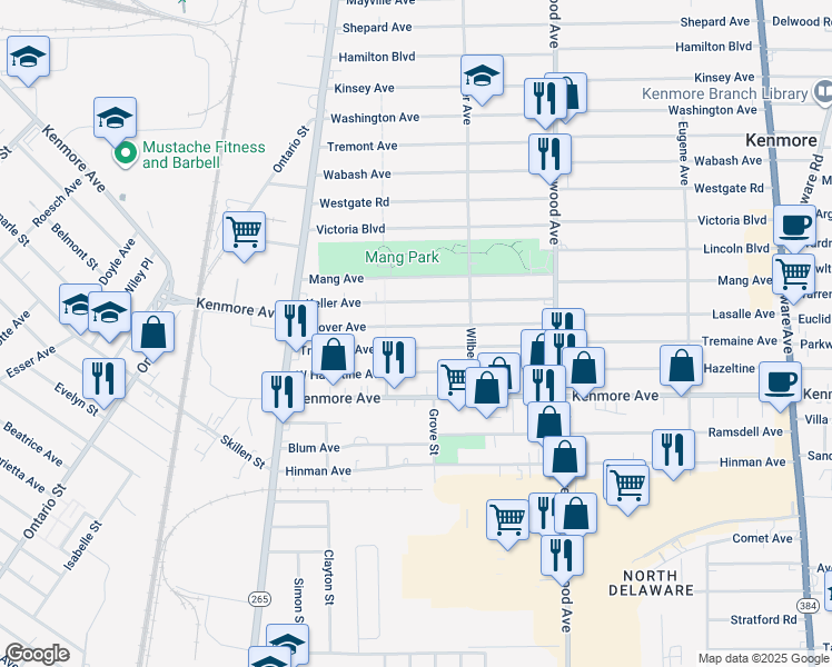 map of restaurants, bars, coffee shops, grocery stores, and more near 367 Tremaine Avenue in Buffalo