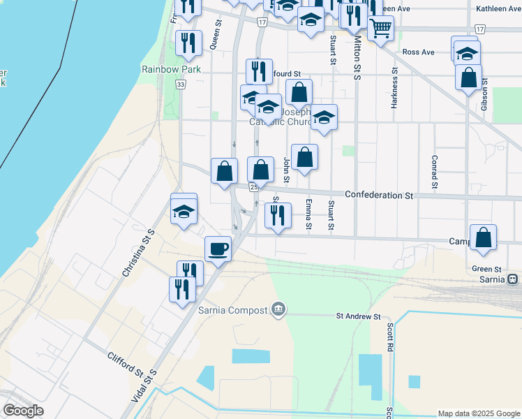 map of restaurants, bars, coffee shops, grocery stores, and more near 135 Samuel Street in Sarnia