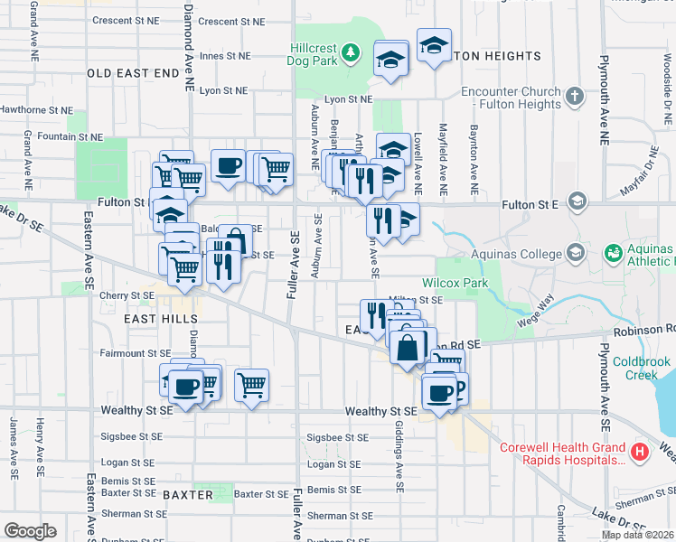 map of restaurants, bars, coffee shops, grocery stores, and more near 1242 Hope Street Southeast in Grand Rapids