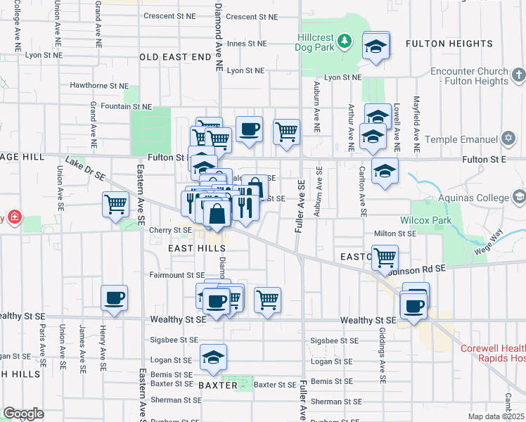 map of restaurants, bars, coffee shops, grocery stores, and more near 1033 Lake Drive Southeast in Grand Rapids