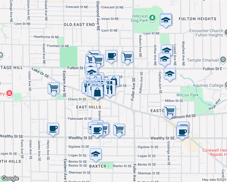 map of restaurants, bars, coffee shops, grocery stores, and more near 1033 Lake Drive Southeast in Grand Rapids