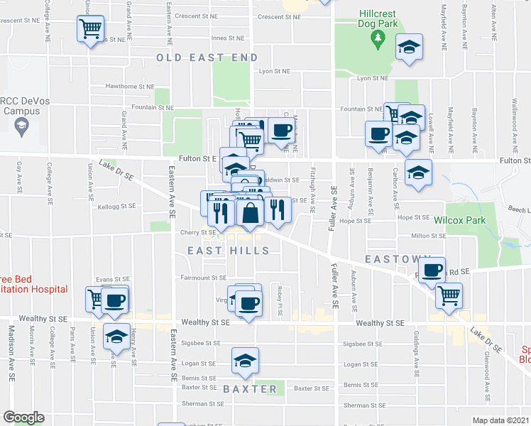 map of restaurants, bars, coffee shops, grocery stores, and more near 1005 Lake Drive Southeast in Grand Rapids