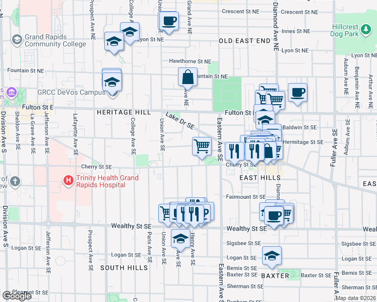 map of restaurants, bars, coffee shops, grocery stores, and more near 123 Packard Avenue Southeast in Grand Rapids