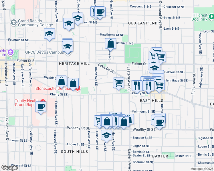 map of restaurants, bars, coffee shops, grocery stores, and more near 629 Cherry Street Southeast in Grand Rapids