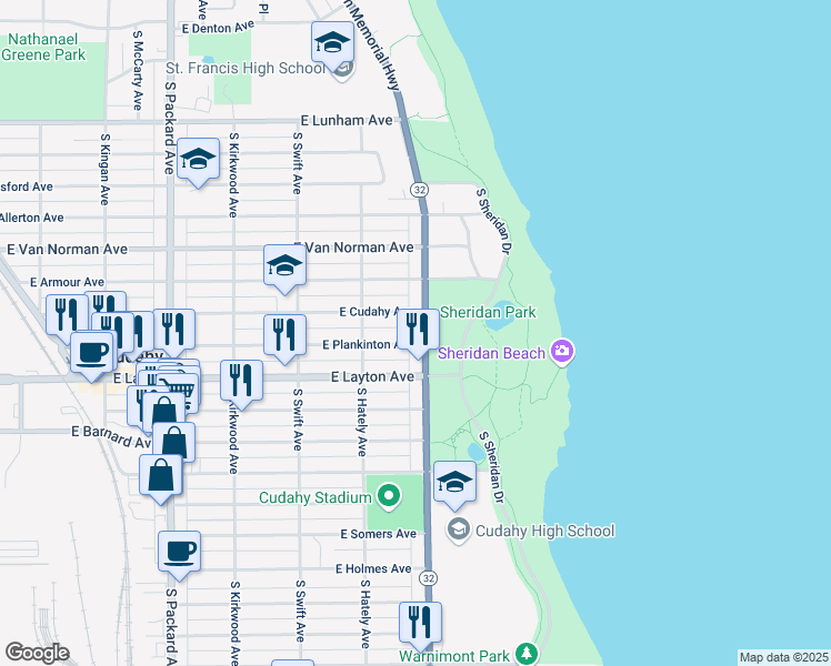 map of restaurants, bars, coffee shops, grocery stores, and more near 4647 South Lake Drive in Cudahy
