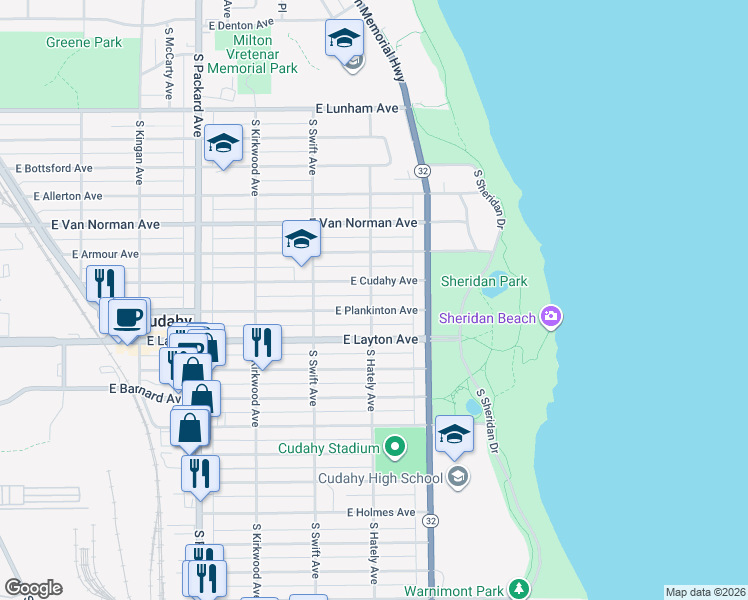 map of restaurants, bars, coffee shops, grocery stores, and more near 3919 East Plankinton Avenue in Cudahy