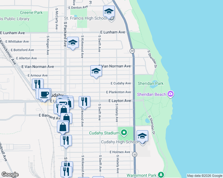 map of restaurants, bars, coffee shops, grocery stores, and more near 3851 East Plankinton Avenue in Cudahy