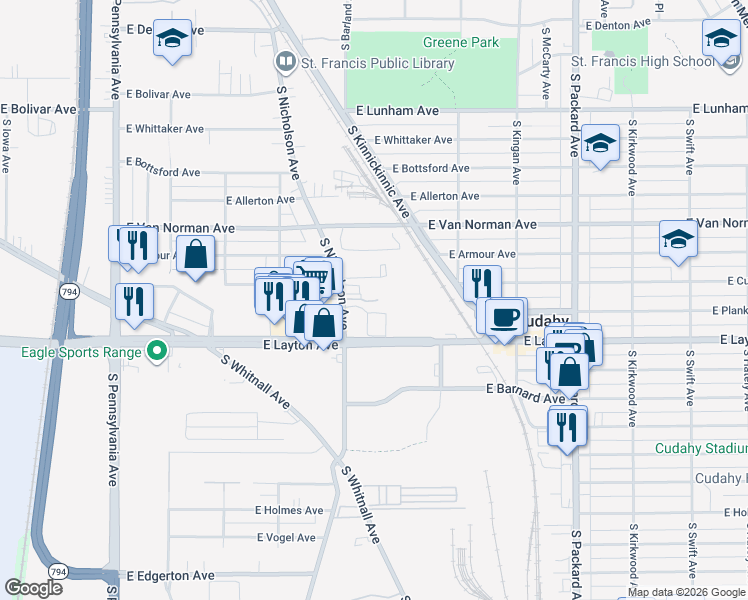map of restaurants, bars, coffee shops, grocery stores, and more near 3250 East Layton Avenue in Cudahy