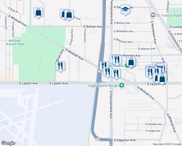 map of restaurants, bars, coffee shops, grocery stores, and more near 4561 South Whitnall Avenue in Saint Francis