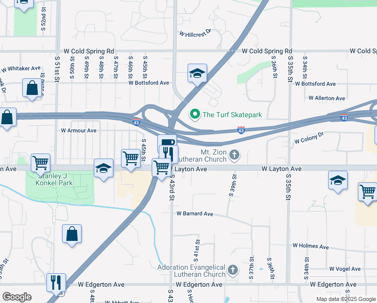 map of restaurants, bars, coffee shops, grocery stores, and more near 4200 West Layton Avenue in Greenfield