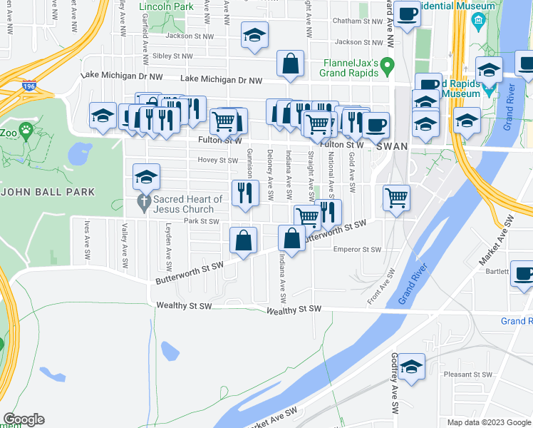 map of restaurants, bars, coffee shops, grocery stores, and more near 145 Deloney Avenue Southwest in Grand Rapids