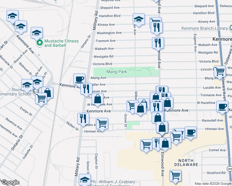 map of restaurants, bars, coffee shops, grocery stores, and more near 156 Hoover Avenue in Kenmore