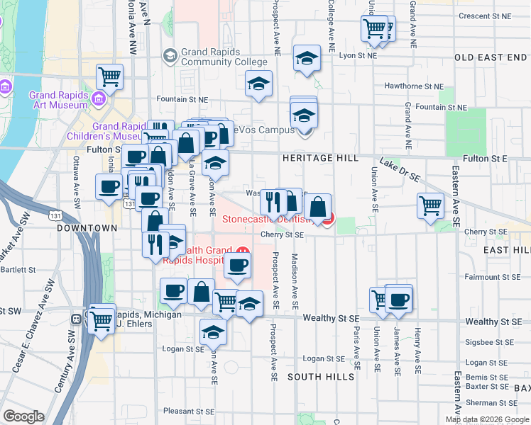 map of restaurants, bars, coffee shops, grocery stores, and more near 311 State Street Southeast in Grand Rapids