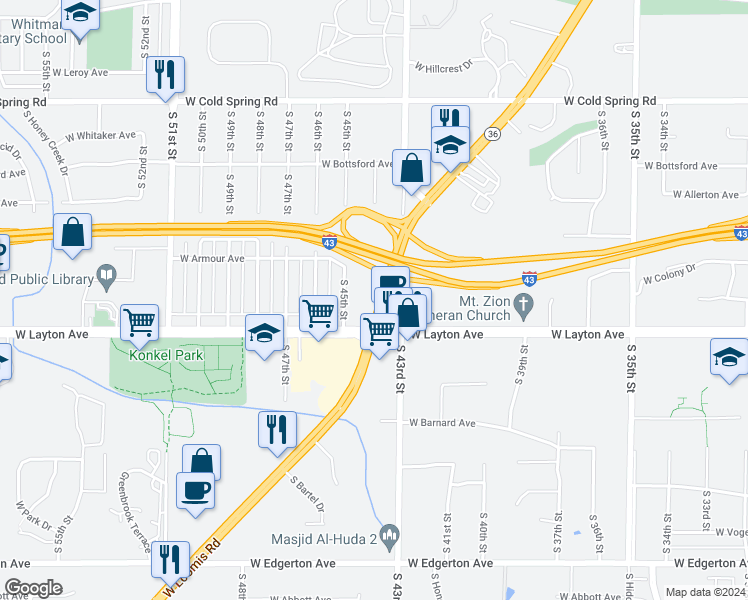 map of restaurants, bars, coffee shops, grocery stores, and more near 4356 West Loomis Road in Greenfield