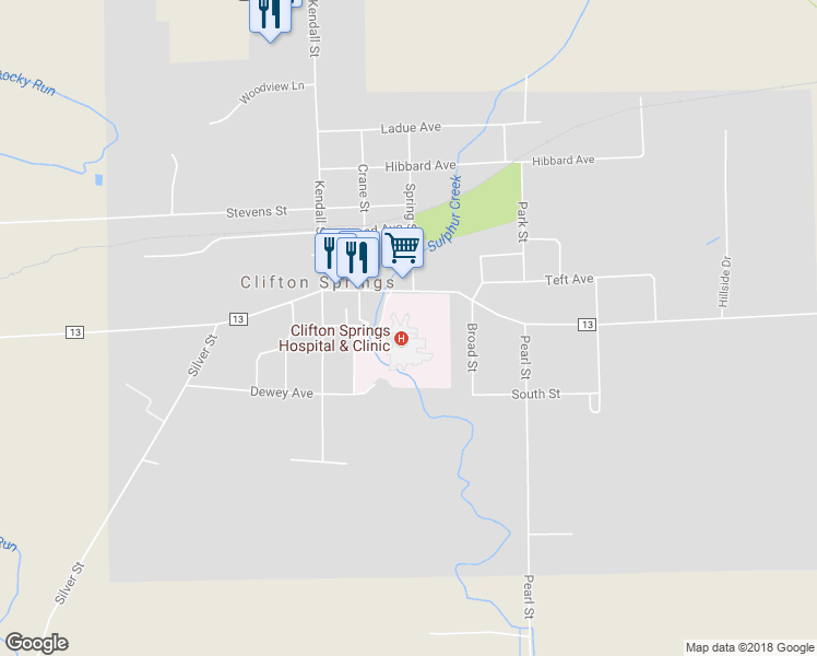 map of restaurants, bars, coffee shops, grocery stores, and more near 9 East Main Street in Clifton Springs