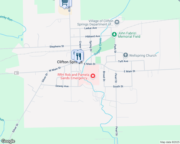map of restaurants, bars, coffee shops, grocery stores, and more near 9 East Main Street in Clifton Springs