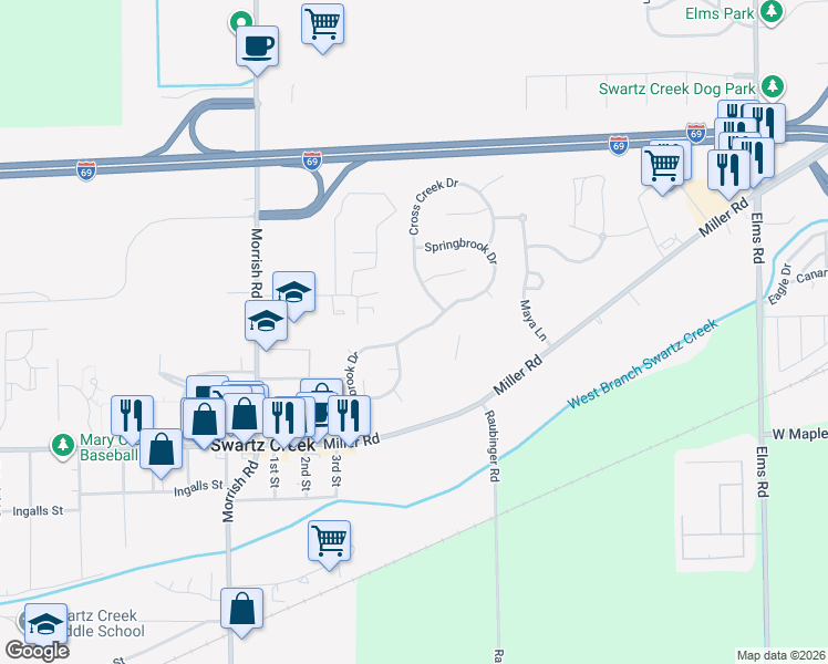 map of restaurants, bars, coffee shops, grocery stores, and more near Springbrook Drive in Swartz Creek