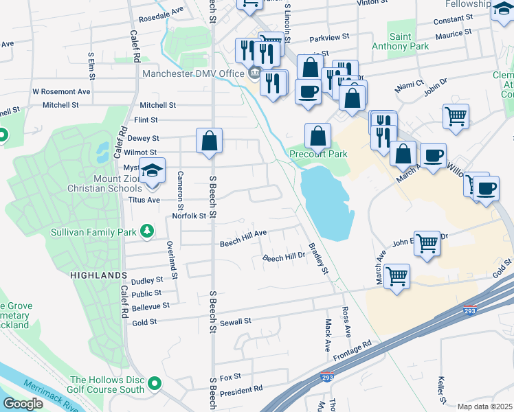 map of restaurants, bars, coffee shops, grocery stores, and more near 566 Titus Avenue in Manchester