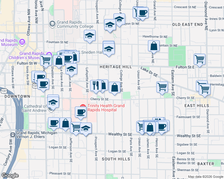 map of restaurants, bars, coffee shops, grocery stores, and more near 441 Cherry Street Southeast in Grand Rapids