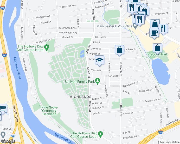 map of restaurants, bars, coffee shops, grocery stores, and more near 535 Calef Road in Manchester