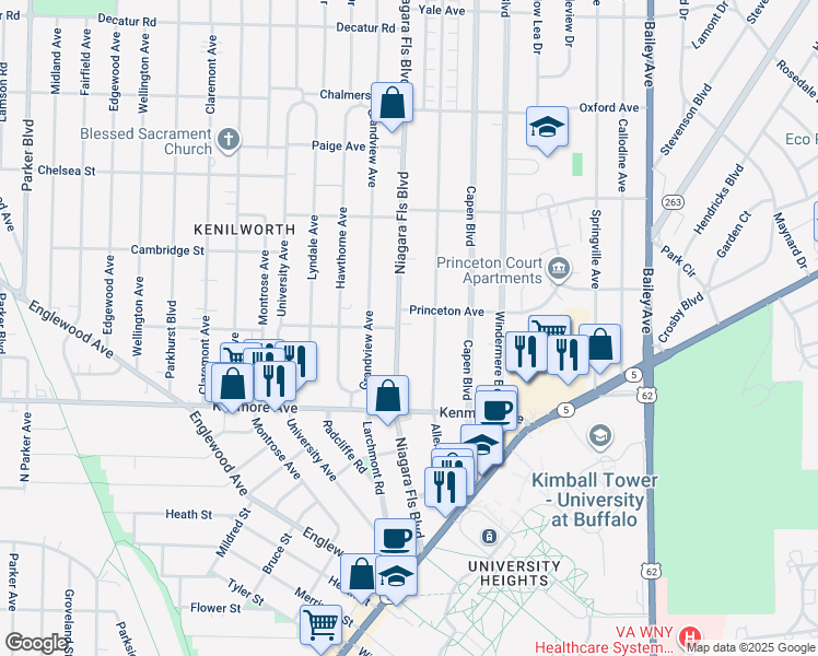 map of restaurants, bars, coffee shops, grocery stores, and more near 213 Niagara Falls Boulevard in Buffalo