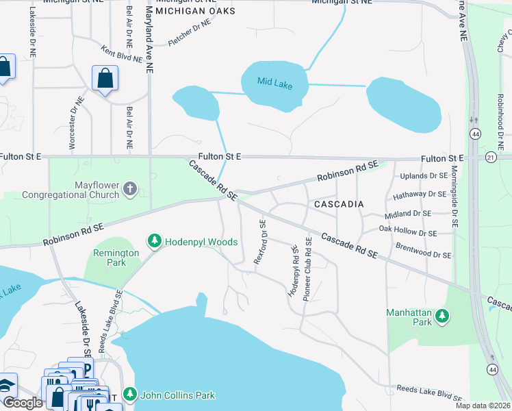 map of restaurants, bars, coffee shops, grocery stores, and more near 125 Rexford Drive Southeast in East Grand Rapids