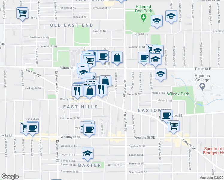 map of restaurants, bars, coffee shops, grocery stores, and more near 131 Fitzhugh Avenue Southeast in Grand Rapids